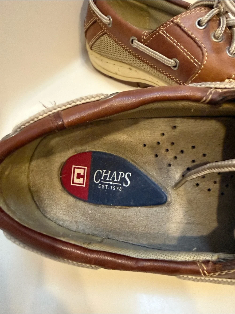 Chaps Men’s Leather Boat Shoes Brown Lace-Up Loafers Size 11M